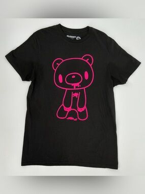 Gloomy Bear Pink Neon Outline Graphic on Black Tee